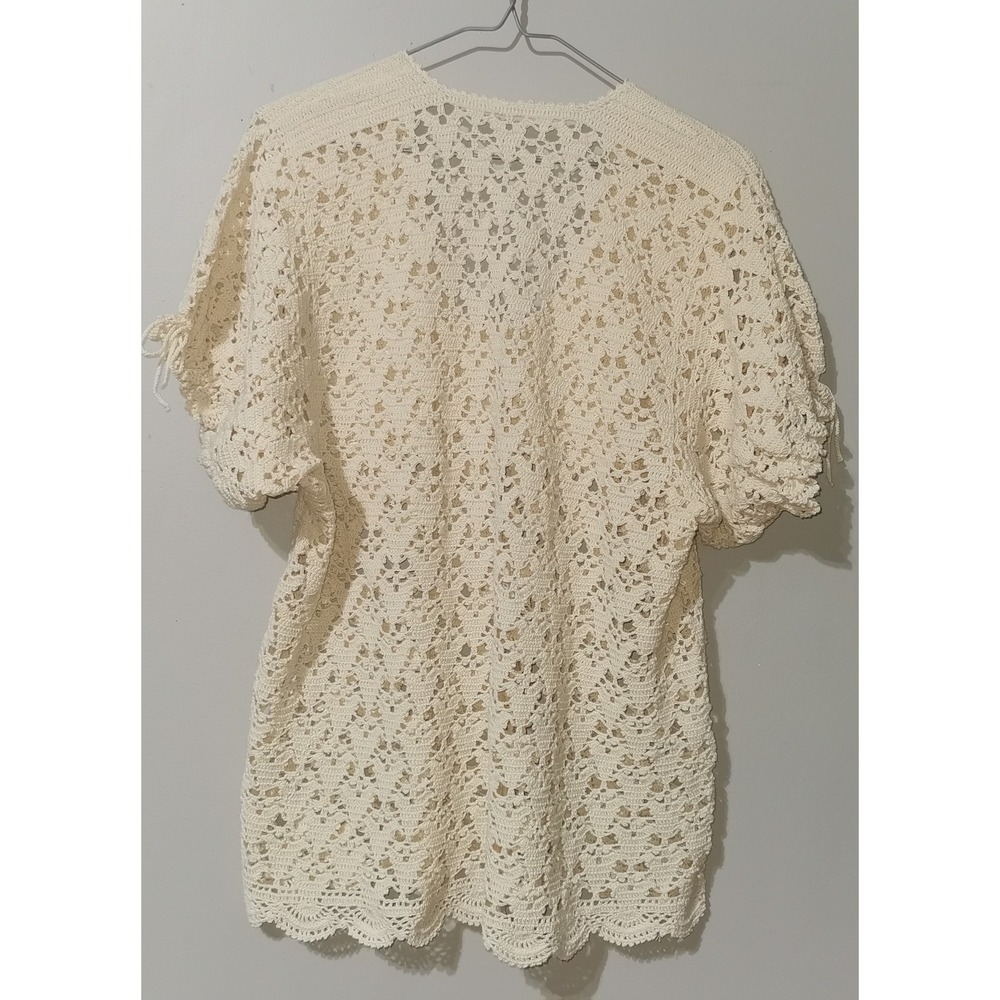 Vintage Ivory Crochet Top Short Puff Sleeve Boho Floral Open Knit Cream XL - Picture 2 of 4